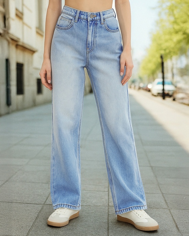 Shop Women's Light Blue Washed Baggy Straight Fit Jeans-Front