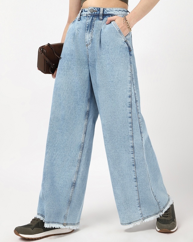 Shop Women's Light Blue Washed Flared Korean Jeans-Front