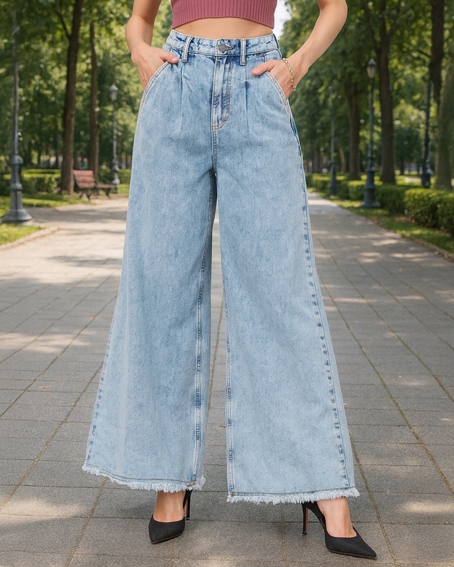 Shop Women's Light Blue Washed Flared Korean Jeans-Front
