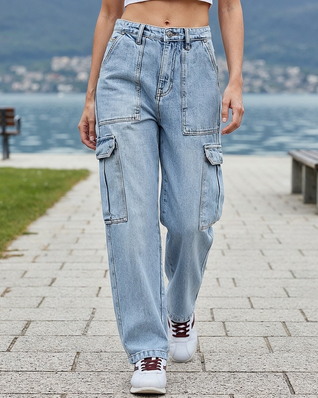 Shop Women's Light Blue Washed Straight Fit Cargo Jeans-Front