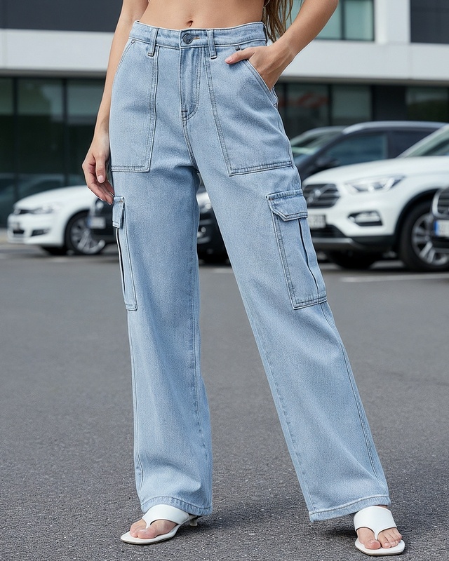 Shop Women's Light Blue Washed Straight Fit Cargo Jeans-Front