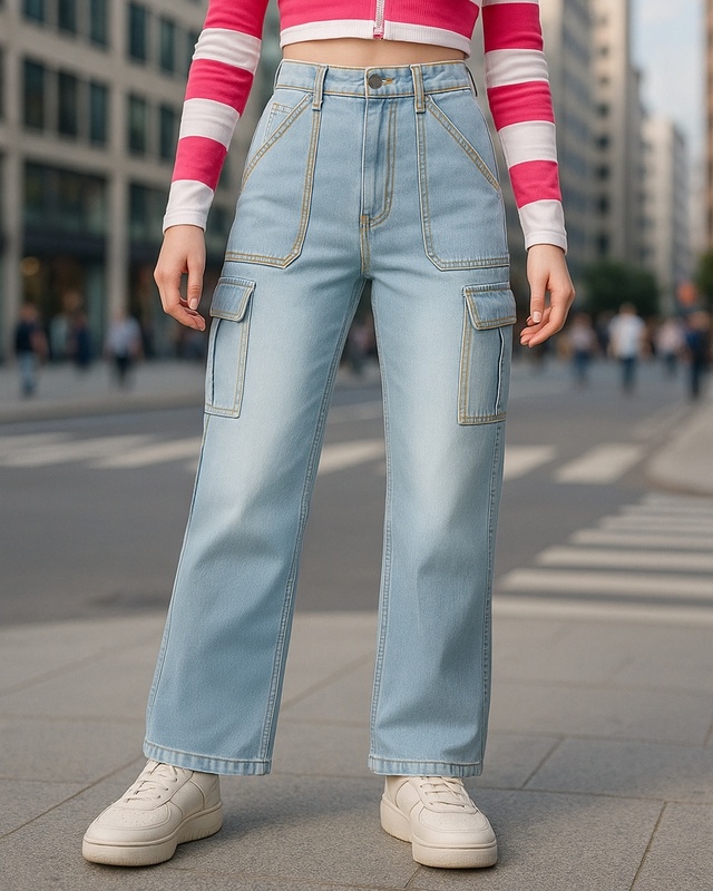 Shop Women's Light Blue Washed Wide Leg Cargo Jeans-Front