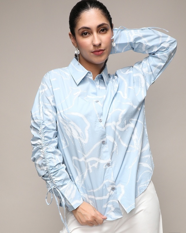 Shop Women's Light Blue & White Printed Shirt-Front