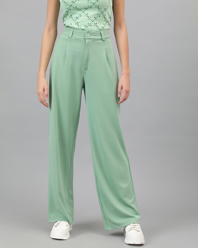 Shop Women's Light Green Straight Fit Trousers-Front