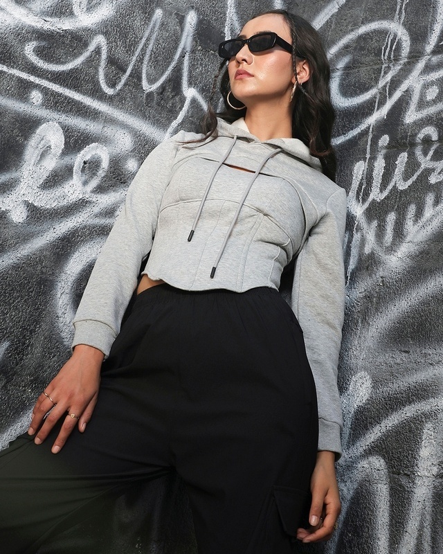 Shop Women's Light Grey Corset & Cropped Hoodie Set-Front