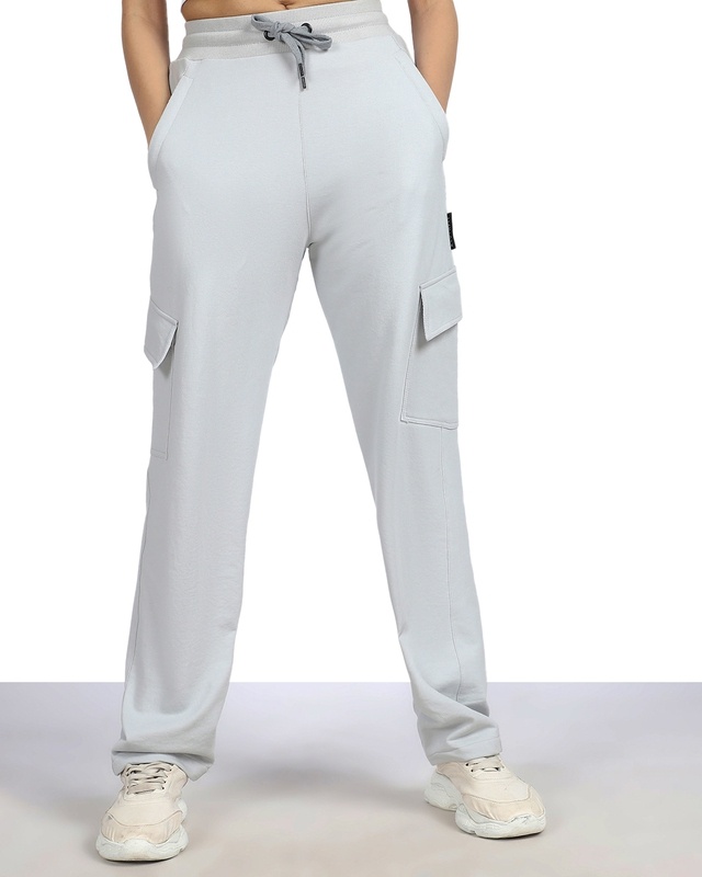 Women's Light Grey Loose Comfort Fit Cargo Track Pants