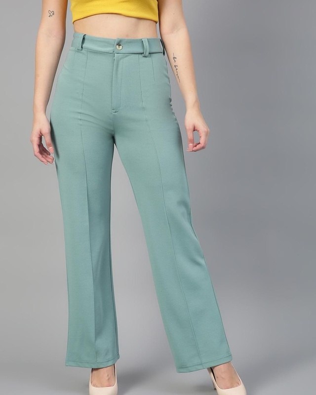 Shop Women's Light Moss Green Straight Fit Trousers-Front