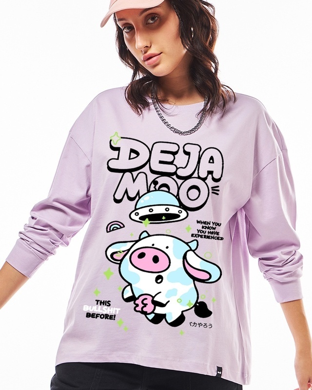 Shop Women's Lilac Bloom Deja Moo Graphic Printed Oversized T-shirt-Front