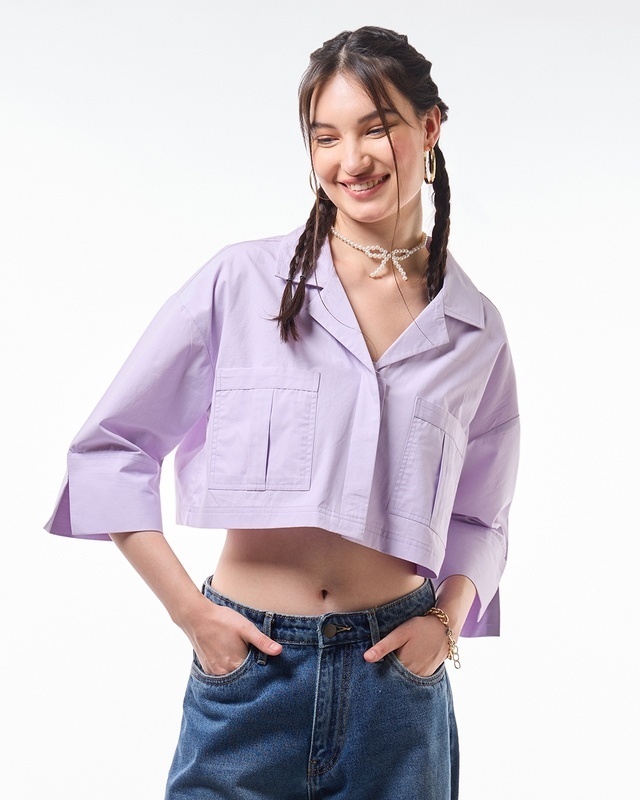 Shop Women's Lilac Oversized Cargo Crop Shirt-Front
