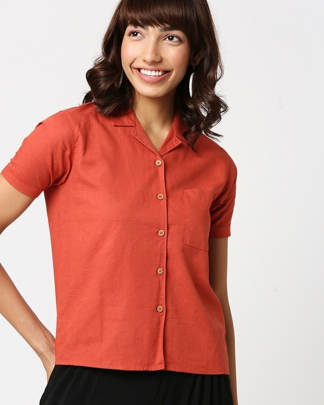 Shop Women's Linen Half Sleeves Lapel Collar Pocket Shirt-Front
