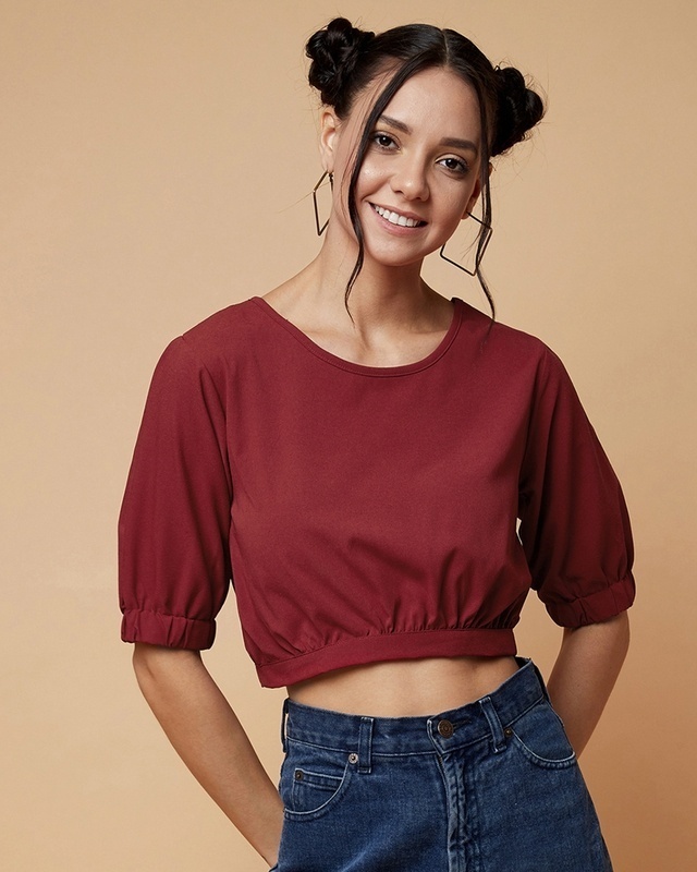 Shop Women's Maroon Back Knotted Short Top-Front
