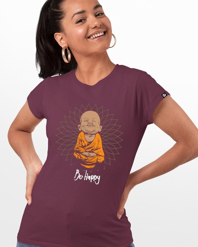 Shop Women's Maroon Be Happy Graphic Printed T-shirt-Front