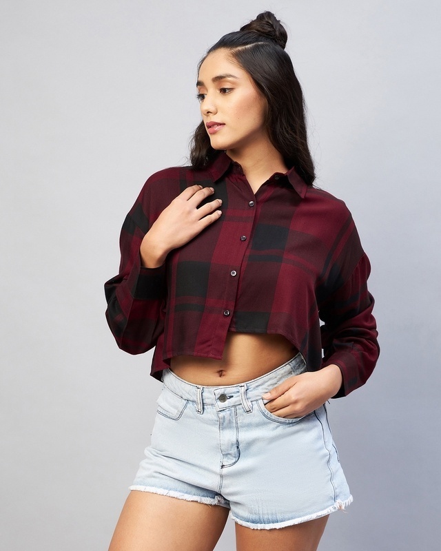Shop Women's Maroon & Black Checked Oversized Crop Shirt-Front