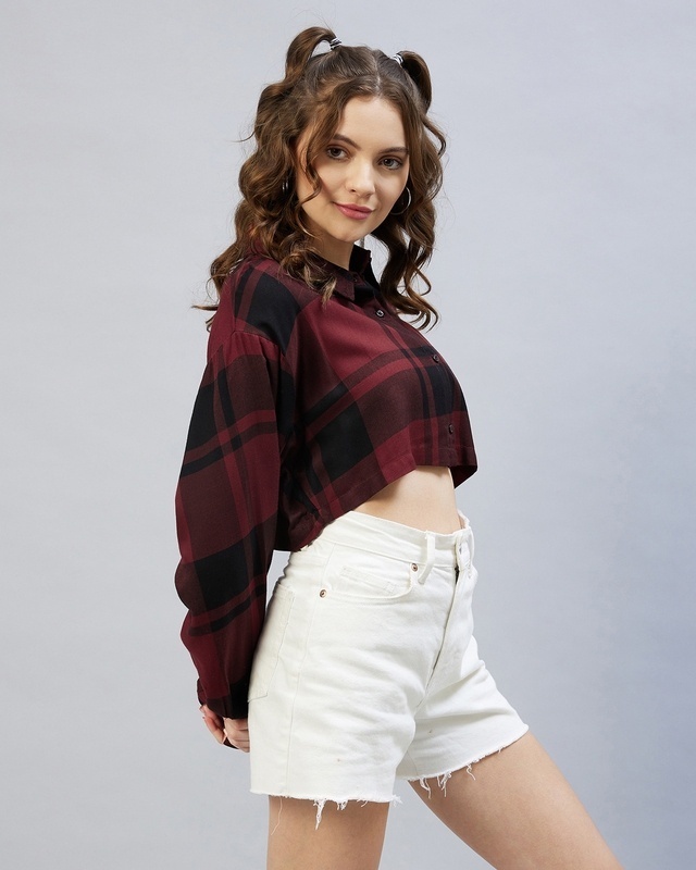 Shop Women's Maroon & Black Checked Oversized Crop Shirt-Front