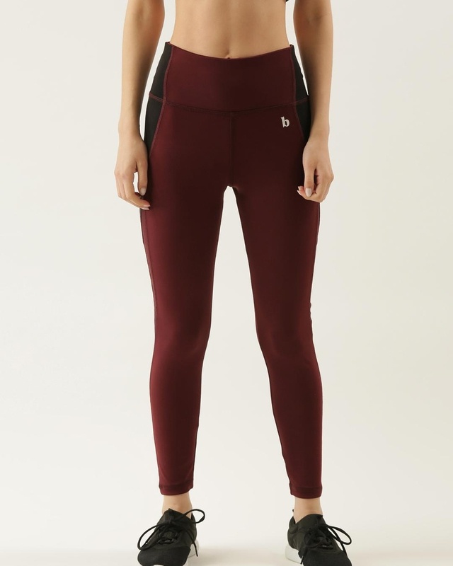 Shop Women's Maroon & Black Color Block Skinny Fit Tights-Front