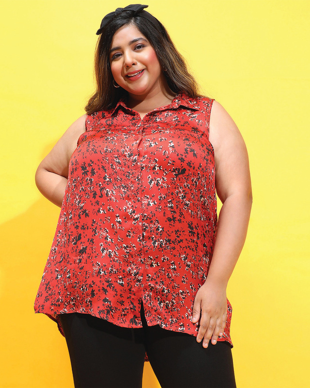 Shop Women's Maroon Floral Printed Plus Size Shirt-Front