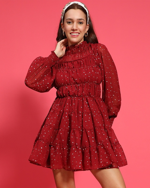 Women's Maroon Foil Printed Mini Dress