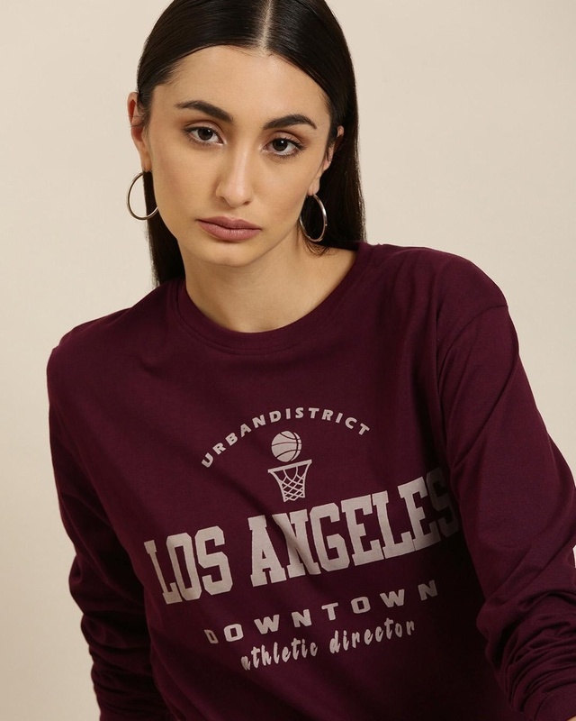 Shop Women's Maroon Los Angeles Typography Oversized T-shirt-Front
