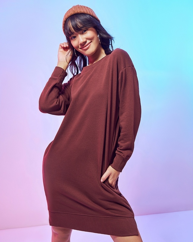 Shop Women's Brown Oversized Sweatshirt Dress-Front