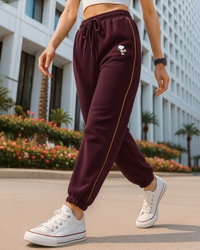 Shop Women's Maroon Peanuts Pie Graphic Printed Oversized Joggers-Front