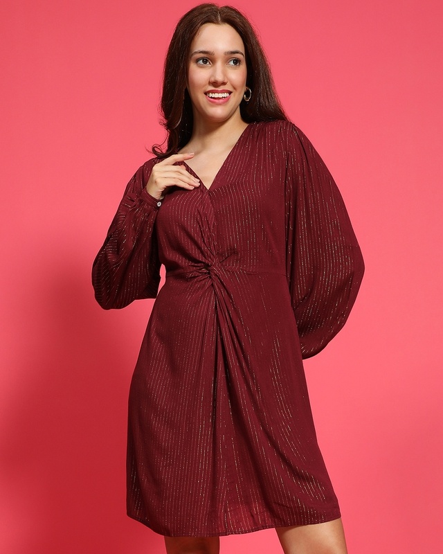 Women's Maroon Pleated Dress