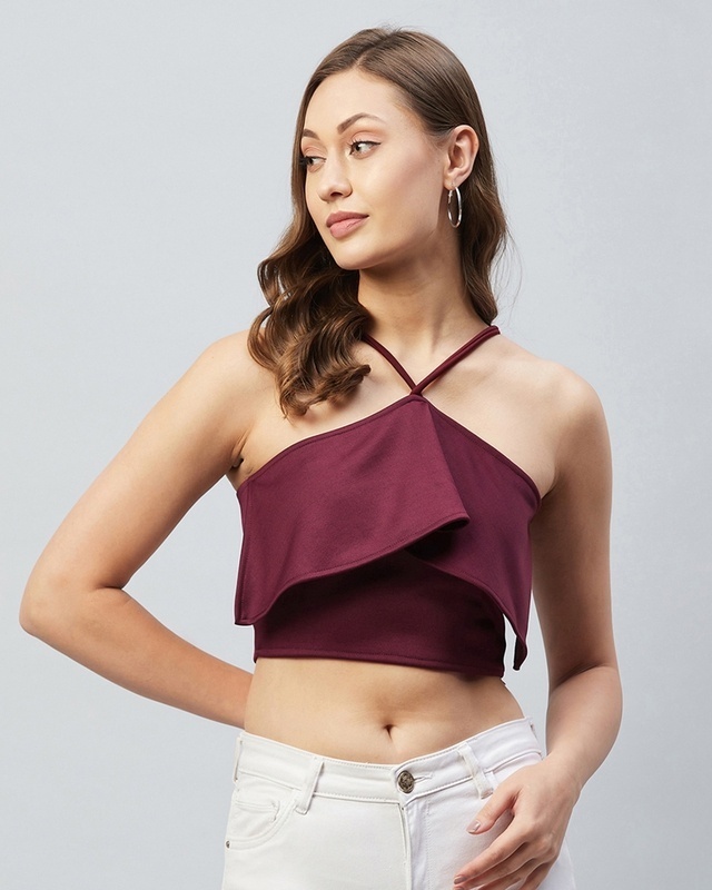 Shop Women's Maroon Ruffled Short Top-Front