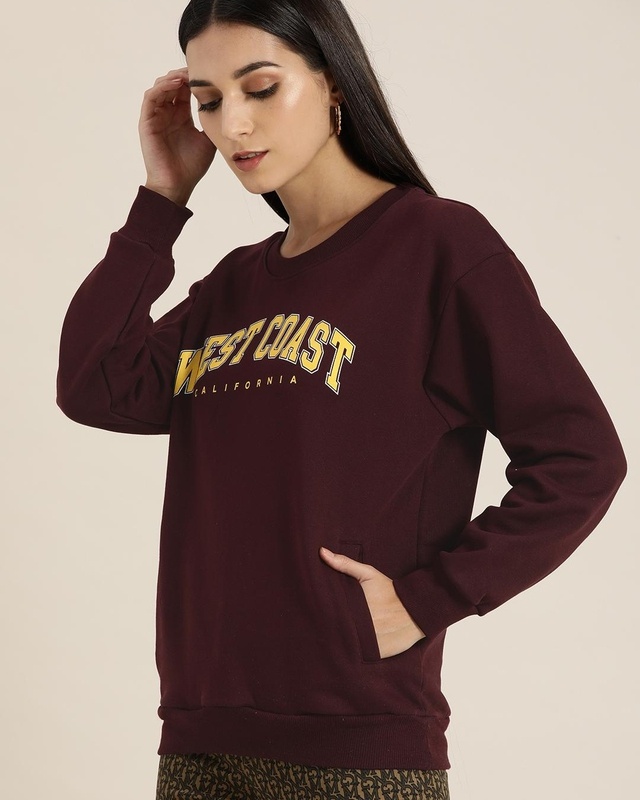 Shop Women's Maroon West Coast Typography Oversized Sweatshirt-Front