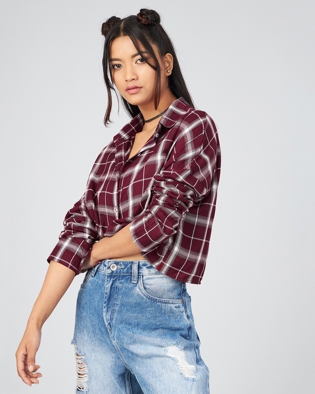 Shop Women's Maroon & White Checked Boxy Fit Crop Shirt-Front