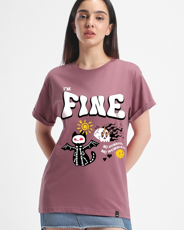 Shop Women's Mauve I'm Fine Graphic Printed Boyfriend T-shirt-Front