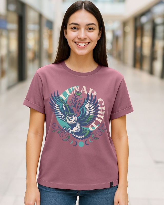 Shop Women's Mellow Mauve Lunar Child Graphic Printed Boyfriend T-shirt-Front