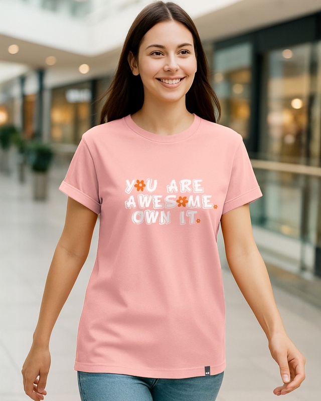 Shop Women's Mellow Rose Pink Awesome Typography Boyfriend T-shirt-Front