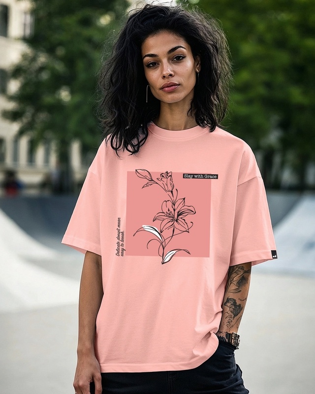 Shop Women's Mellow Rose Pink Slay With Grace Graphic Printed Oversized T-shirt-Front