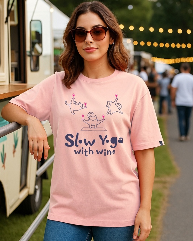 Shop Women's Mellow Rose Pink Slow Yoga Graphic Printed Oversized T-shirt-Front