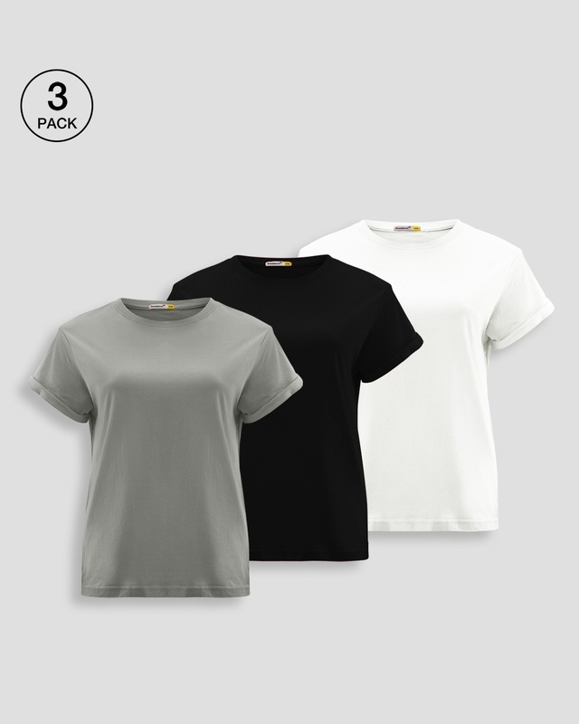Shop Women's Grey & Black Boyfriend T-shirt (Pack of 3)-Front