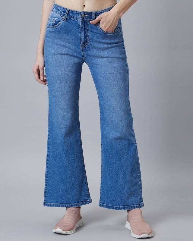 Shop Women's Mid Blue Washed Bootcut Jeans-Front