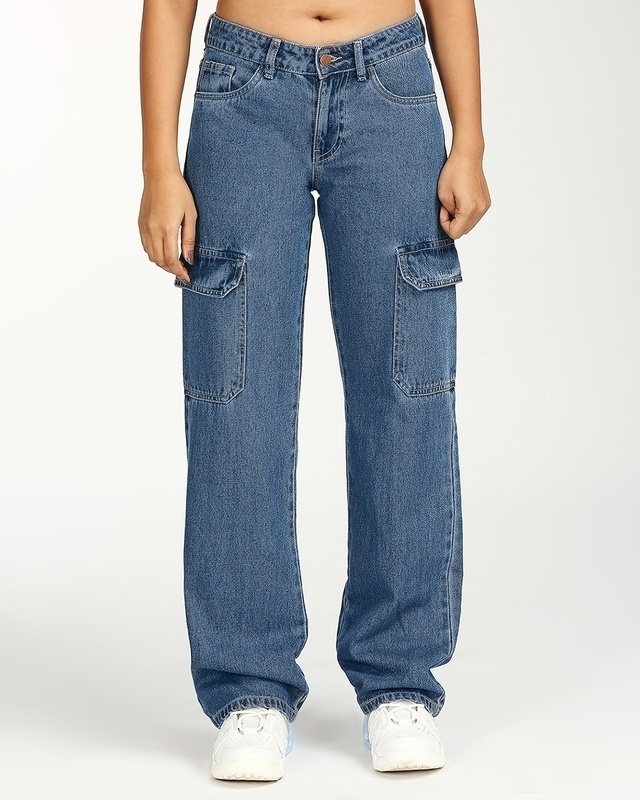 Shop Women's Mid Blue Washed Straight Fit Cargo Jeans-Front