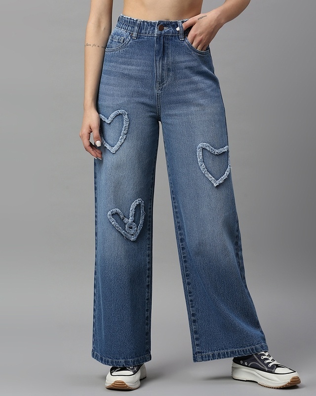 Shop Women's Mid Blue Washed Wide Leg Jeans-Front