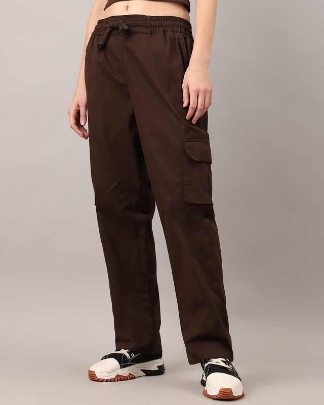 Shop Women's Mocha Brown Loose Comfort Fit Cargo Pants-Front