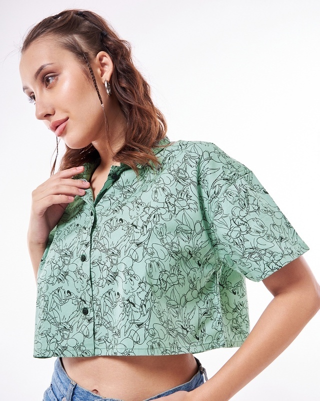 Shop Women's Green All Over Printed Oversized Crop Shirt-Front