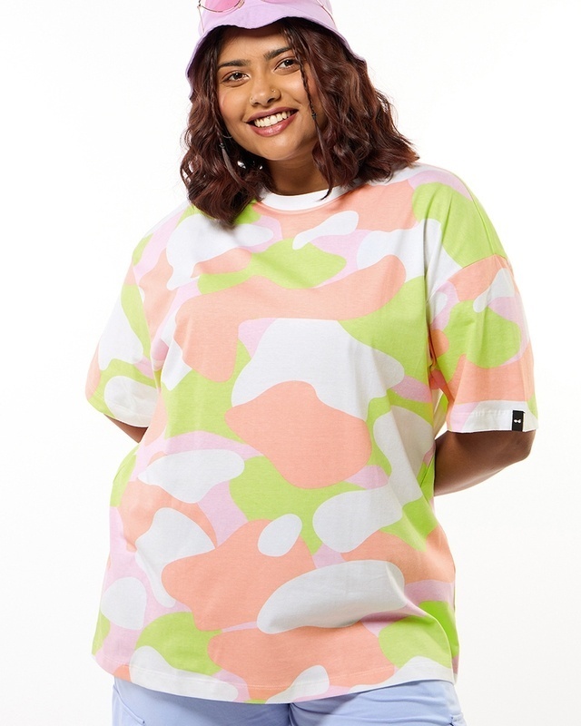 Shop Women's Multicolor All Over Printed Oversized Plus Size T-shirt-Front