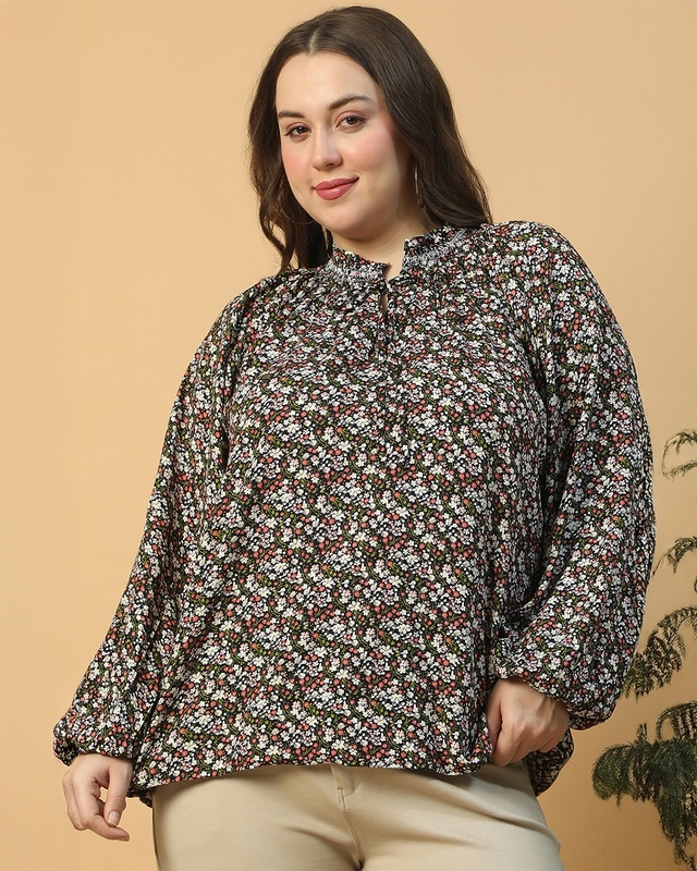 Shop Women's Multicolor Floral Printed Plus Size Top-Front