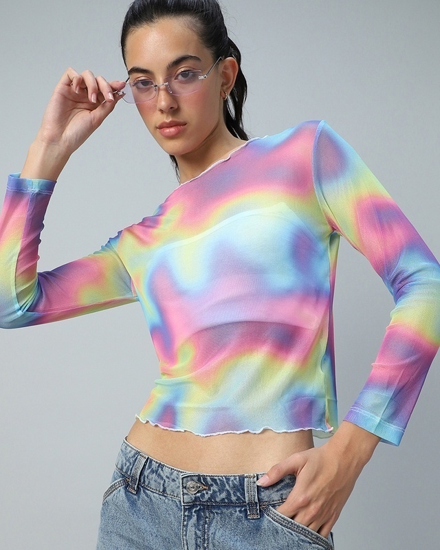 Shop Women's Multicolor Tie & Dye Slim Fit Short Top-Front