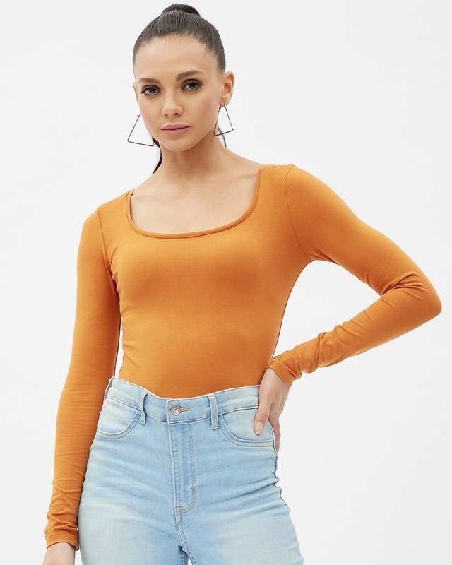 Shop Women's Mustard Cotton Scoop Neck Regular Long Sleeve T-shirt-Front