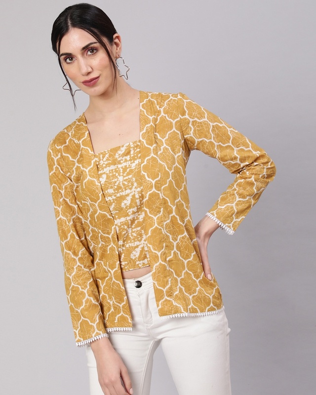 Shop Women's Mustard Printed Lurex Top-Front