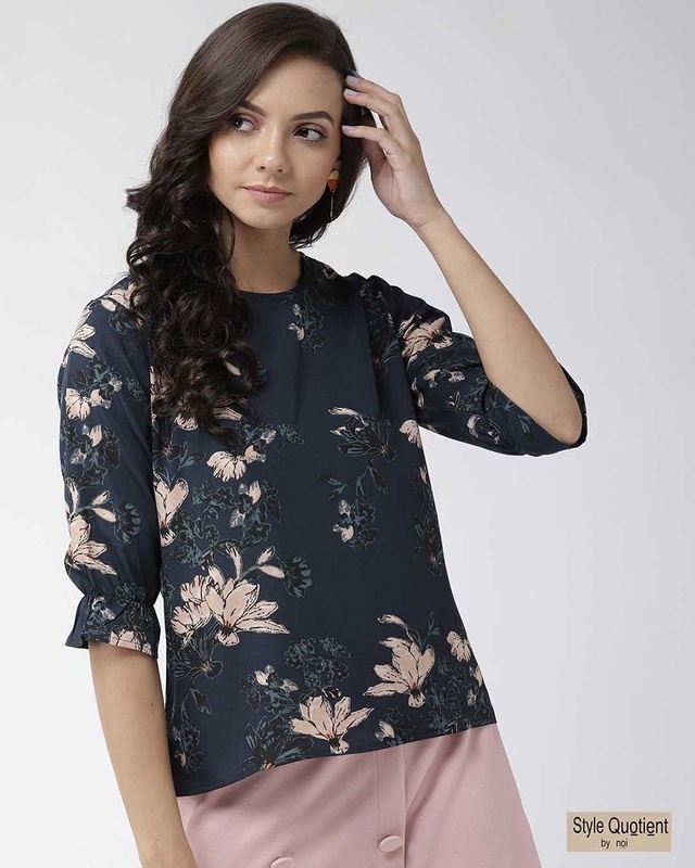 Shop Women's Navy Blue & Beige Printed Top-Front