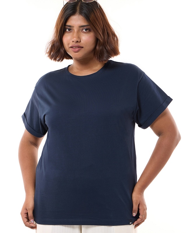 Shop Women's Navy Blue Boyfriend Plus Size T-shirt-Front