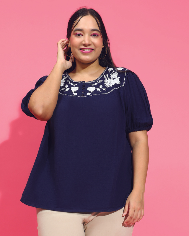 Shop Women's Navy Blue Embroidered Plus Size Top-Front