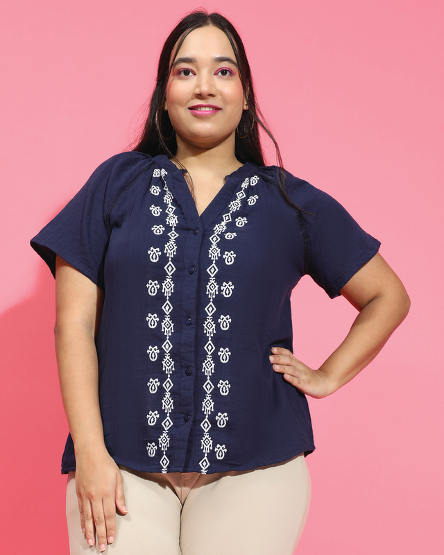 Shop Women's Navy Blue Embroidered Relaxed Fit Plus Size Shirt-Front