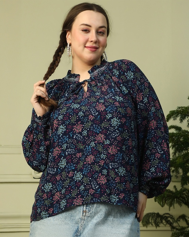 Shop Women's Navy Blue Floral Printed Plus Size Top-Front