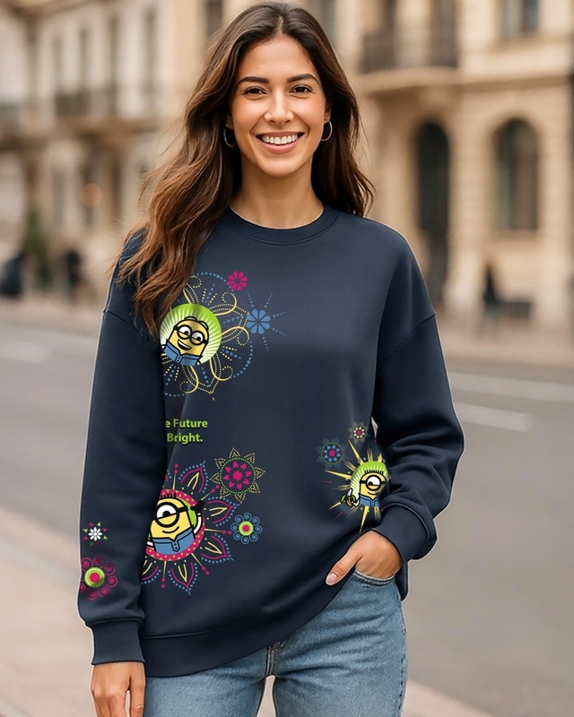 Shop Women's Navy Blue Future Is Bright Graphic Printed Oversized Sweatshirt-Front
